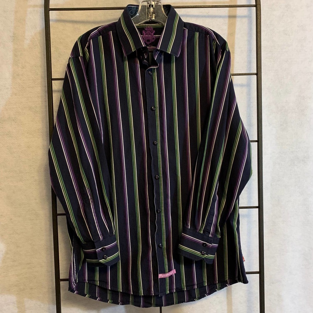 English Laundry Men's Dress Shirt Green/Purple‎ Stripes 16.5  32/33